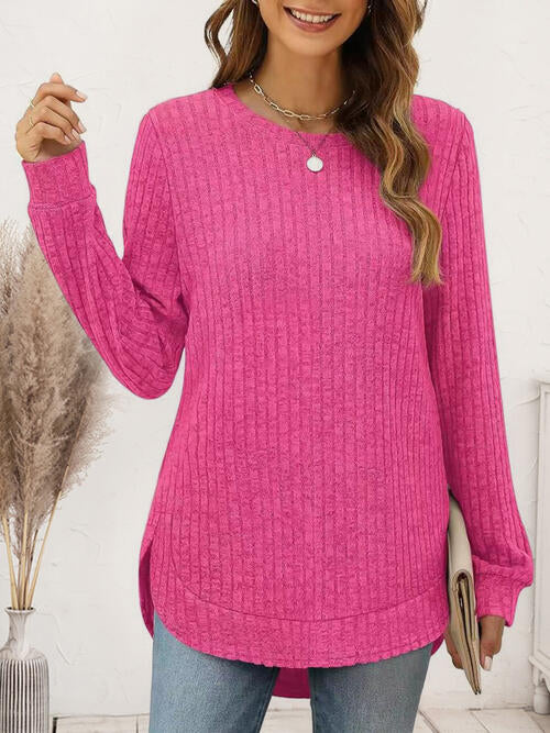 Ribbed Round Neck Long Sleeve T-Shirt